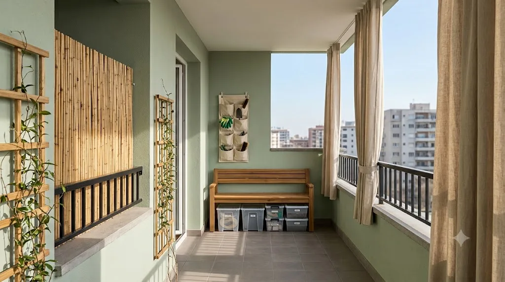 Small balcony with bamboo privacy screen, outdoor curtains, trellis, and storage bench
